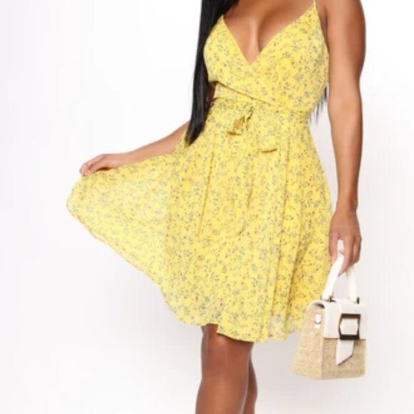 Fashion Nova Yellow Wrap Dress - Picture 1 of 7